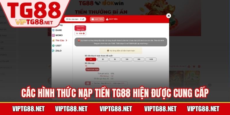 Các hình thức nạp tiền TG88 hiện được cung cấp